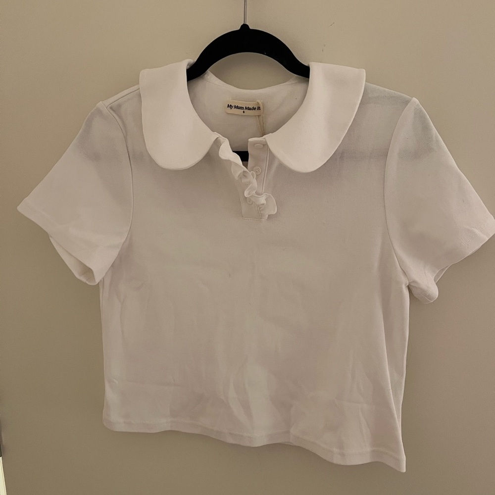 My Mum Made It White Ruffle Collar Polo Cotton Short Sleeve Shirt [NWT] [Small]